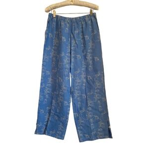 Parisian Works Blue 100% Linen Floral Embroidered Wide Leg Crop Pants Women's M